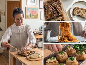 Clockwise from left: author Sonoko Sakai, chunky chocolate miso banana bread, pasta with miso Bolognese sauce and miso-honey butter on toasted onigiri