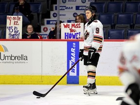 Calgary Hitmen forward Tanner Howe during warmups prior to playing his first game at the Brandt Centre since being traded to Calgary by the Regina Pats.